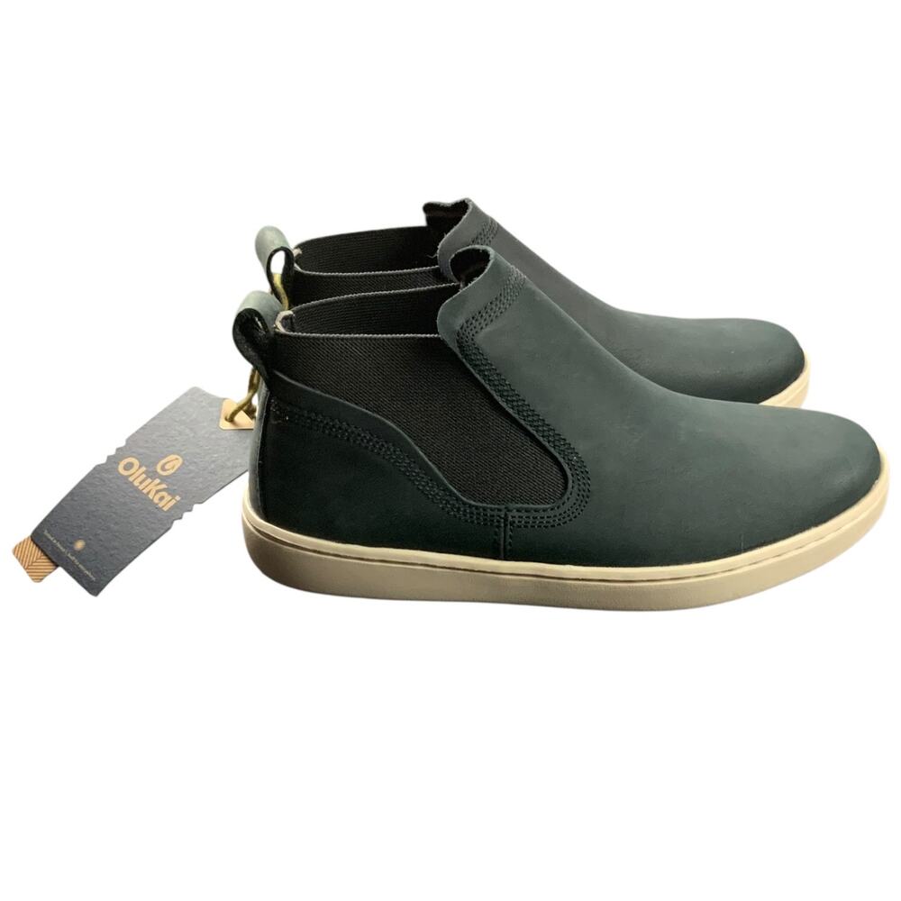 OluKai Pehuea Mid Womens 7.5 Black Leather Chelsea Slip On Ankle Shoes NWT